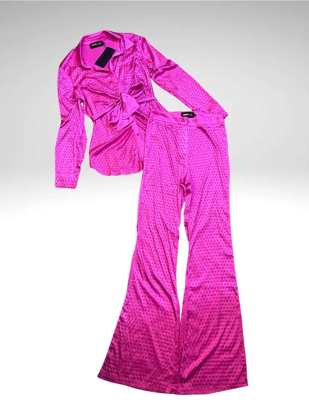 Fashion Nova Hot Pink Rhinestone Satin Flare Pants & Top Set